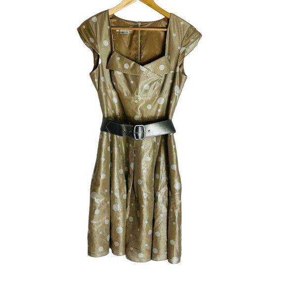Kay Unger New York Polka Dot Belted Dress Gold Silver Fit and Flare 6 Retro - Picture 9 of 9